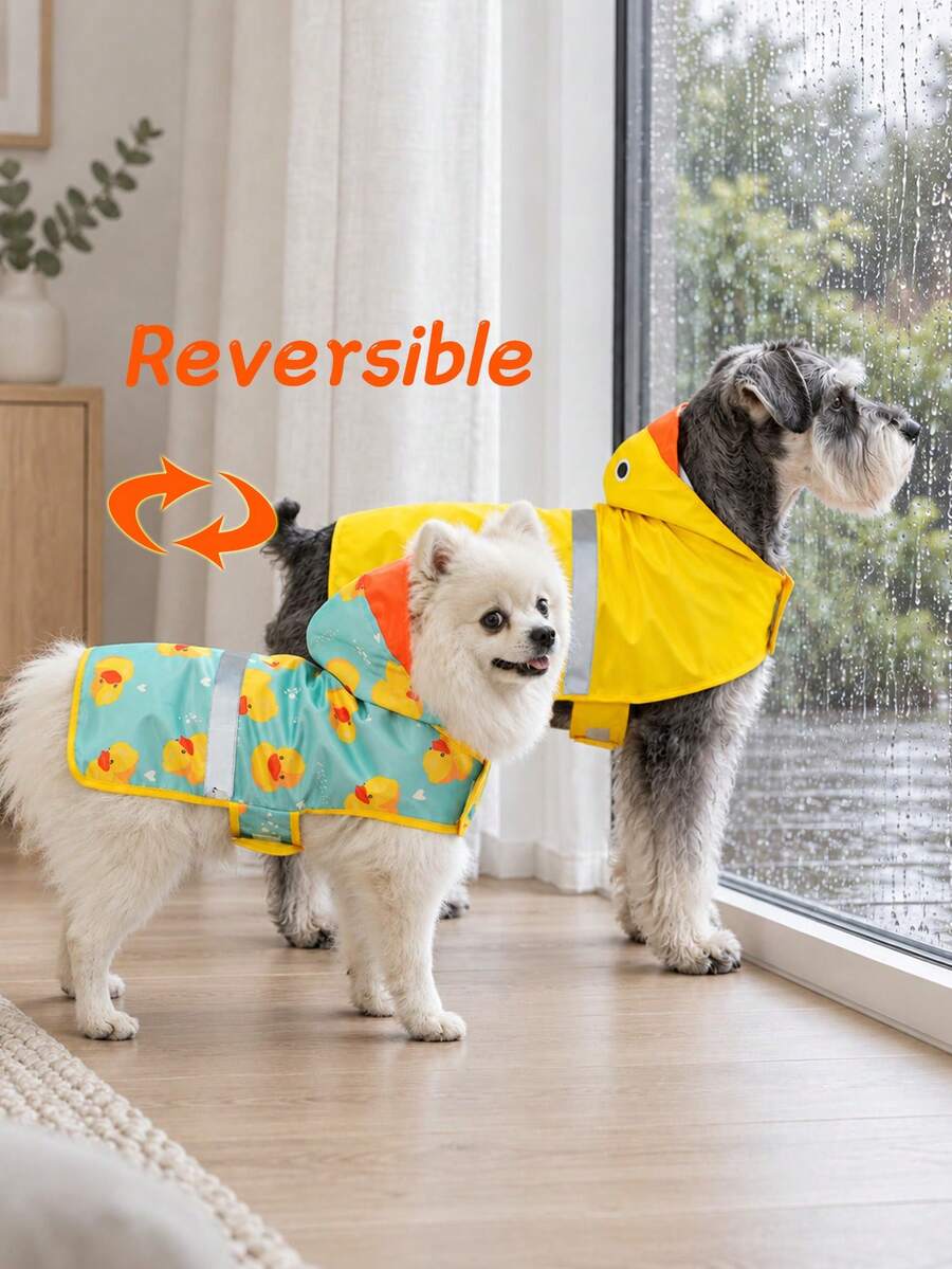 1pc Reversible Dog Raincoat, Waterproof Pet Jacket With Duck Pattern, Machine Washable, Adjustable Strap Fits Small To Large Dog Breeds