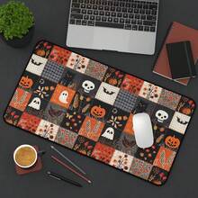 1pc Large Halloween Patchwork Pumpkin Mouse Pad, Vintage Black Cat Skull Ghost Bat Retro Desk Mat, Non-Slip Gaming Keyboard Pad - View 6