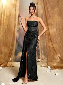 Shiny Elegant Open Back Tie High Slit To Thigh Off Shoulder Wedding Birthday Party Formal Evening Dinner Wedding Guest Homecoming Party Dress - Black - View 6