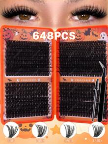 Halloween Cosplay Cluster Lash Kit, 10D-40D & 80D-150D Individual Volume Cluster Lashes, Dramatic Spooky False Eyelashes For Halloween Party, Costume & Gothic Eye Makeup, Includes Tweezers & Lash Brush - View 6