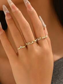 3pcs Copper Material French Luxury Fashion Elegant Exquisite Versatile European & American Faux Pearl Cross Geometric Open Adjustable Ring Set Suitable For Women's Daily, Holiday, Commute Wear - Gold - View 4