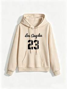 Sudadera con capucha Hombre Oversize hombros caídos estampado texto Los Angeles manuscrito número 23 grande bolsillo canguro estilo deportivo retro casual juvenil diario - Albaricoque - Ver 3
