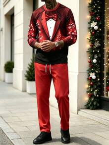 Men's Christmas Funny Element Print Long Sleeve T-Shirt And Pants Set - Multicolor - View 2