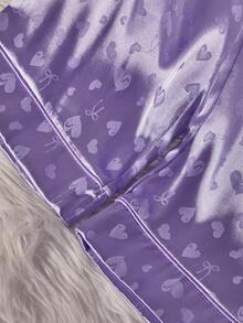 Autumn/Winter Heart & Bow Jacquard Satin Patch Pocket Front Button Long Sleeve Pants Pajama Set For Women - Lilac Purple - View 5