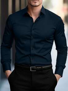 Camisa de hombre negra de invierno básica casual de negocios para oficina con cuello alto, unicolor, botones y manga larga, camisa formal estilo - Púrpura polvoriento - Ver 10