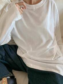 Solid Color Long Sleeve T-Shirt Women, Early Autumn Innerwear & Outerwear, Loose Round Neck Top, Minimalist Slimming Base Layer - White - View 1