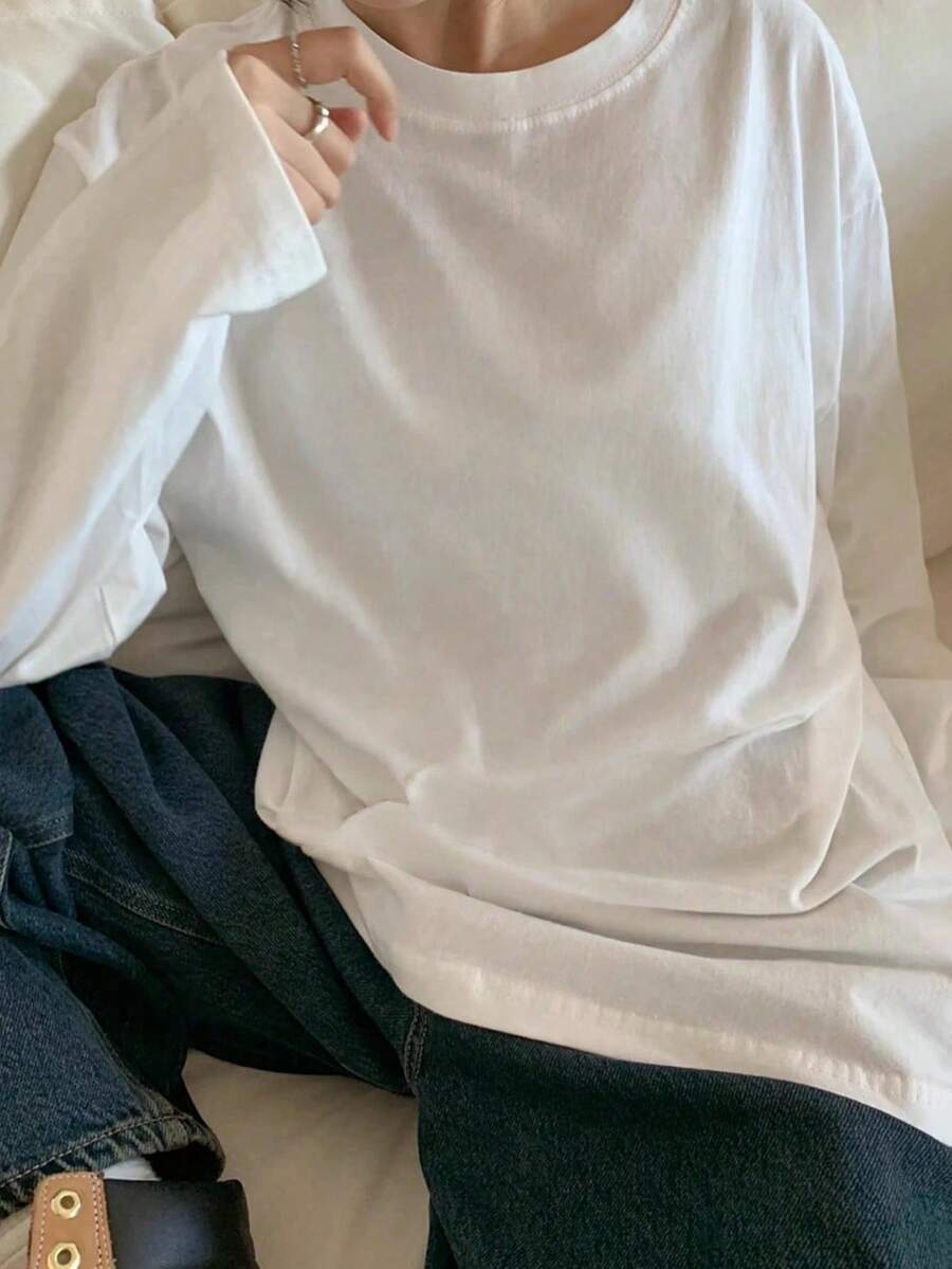 Solid Color Long Sleeve T-Shirt Women, Early Autumn Innerwear & Outerwear, Loose Round Neck Top, Minimalist Slimming Base Layer - White - View 1