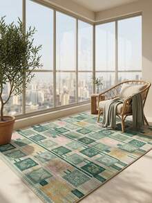 1PC Green Pink Yellow Plaid Totem Square Area Rug, Faux Cashmere Material Rectangular Vintage Pattern, Machine Washable Suitable For Living Room Bedroom Daily Home Decor, Aesthetic Home Decoration - Multicolor - View 7