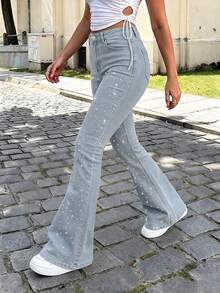 Celana Jeans Wanita Model Flare Pinggang Tinggi, Dihiasi Rhinestones, Kain Tenun Elastis Sedang, Desain Celana Panjang, Dengan Resleting dan Saku, Pilihan Sempurna untuk Musim Gugur - Light Wash - View 7