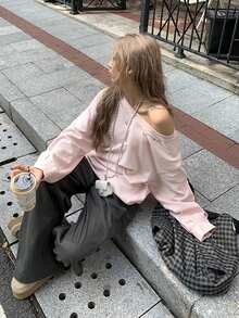 Women's Embroidered Asymmetric Shoulder Long Sleeve Casual Design Pullover Top - Pink - View 6