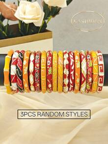 KASHIDAN 3pcs Warm Tones Random Styles Enamel Hinged Bangles Stackable Vintage Elegant Luxury Palace Enamel Leaf & Flower Metal Bracelet - Warm Sunset Tones - View 7