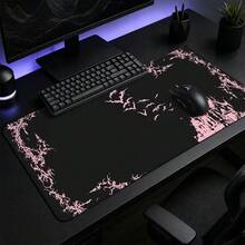 1pc Black And Pink Gothic Bat Castle Print Extended Mouse Pad, Dark Thorn Border Keyboard Desk Mat, Halloween Desktop Decor - View 1