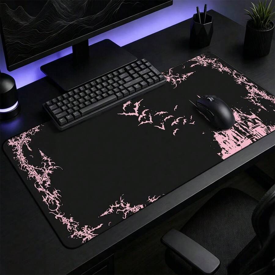 1pc Black And Pink Gothic Bat Castle Print Extended Mouse Pad, Dark Thorn Border Keyboard Desk Mat, Halloween Desktop Decor - View 1