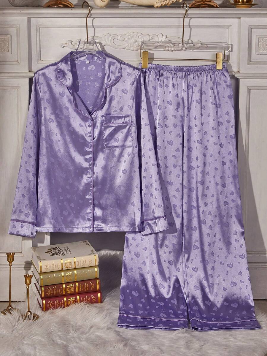 Autumn/Winter Heart & Bow Jacquard Satin Patch Pocket Front Button Long Sleeve Pants Pajama Set For Women - Lilac Purple - View 1