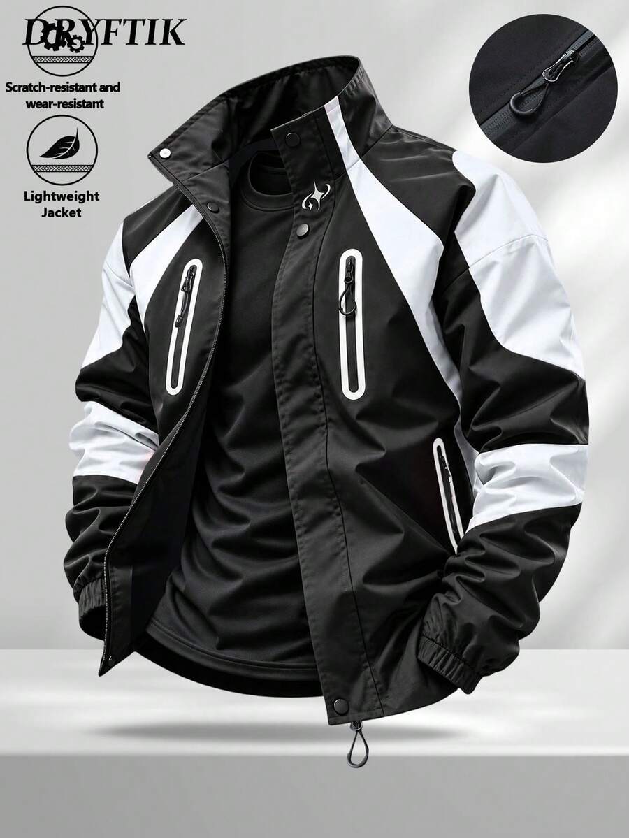Men's Stand Collar Colorblock Patchwork Jacket, Versatile Cardigan Outerwear, Street Style Minimalist Design Long Sleeve Coat, Daily Outdoor Multi-Scenario Wear Stand Collar Top - Black and White - View 1