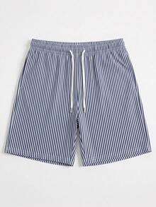 Men's Striped Palm Tree Print Casual Beach Shorts With Drawstring, Summer - Dusty Blue - View 9