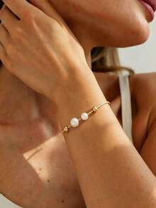 1pc Elegant Fashion Faux Pearl Beaded Adjustable Bracelet, Minimalist Women's Accessory Gift - Gold - View 2