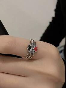 HuooNew 1件 925純銀四葉草開口戒指，琺瑯與鋯石鑲嵌戒指，銀飾女款萬聖節可調節手指戒指 - 銀色 - 查看 5