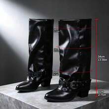 Square Toe High Heel Chunky Heel Pleated Vintage Western Ankle Boots Western Style Riding Boots With Belt Buckle Mid-Calf Boots - Black - View 2