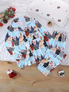 2 Pieces Women's Long Sleeve Pajama Set, Christmas Cartoon Chicken Family Pattern, Gift 2-Piece Set, Lapel Button Long Sleeve, Loose Elastic Long Pants, Suitable For All Seasons, Home Wear, Outdoor Wear, Comfortable And Loose, New Full Print Pattern - Baby Blue - View 10