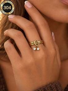 1pc 18K Gold Plated Women's Luxury Sparkling Versatile Double Layer Pendant Ring, 304 Stainless Steel Waterproof Durable, Suitable For Daily Commute, Holiday Gift, Exquisite Jewelry Gift - Gold 1 - View 4