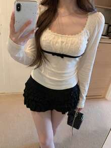 Women's Contrast Lace Bow Knitted Sweater, Autumn/Winter Inner Layer Top - White - View 7