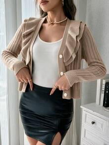 Cardigan Rajut Wanita Warna Oatmeal Musim Gugur/Semi dengan Ruffle Ganda, Leher V, Lengan Panjang Pendek, Kancing Mutiara di Depan, Lembut, Elegan, Kasual, Cocok untuk Kantor dan Kencan. - Warna karang - View 1