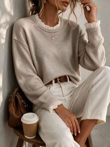 Sweater Rajut Leher Bulat Wanita Musim Semi/Gugur, Lengan Panjang dengan Manset Berenda, Atasan Rajut Pendek Serbaguna untuk Aktivitas Sehari-hari dan Kasual - Khaki Muda - View 2