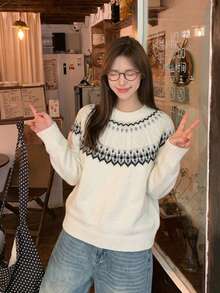 女款冬季費爾島圖案針織毛衣，羅紋細節，秋季時尚舒適長袖標準版上衣 - 白色 - 查看 1