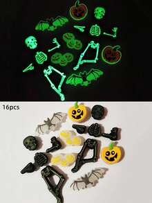 16pcs Halloween Glow-In-The-Dark Skeleton Bat Pumpkin PVC Shoe Charms Detachable Buckle Accessories For Clogs Beach Sandals - Multicolor - View 8