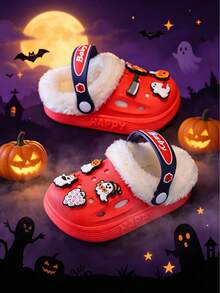 Halloween Ghost Pumpkin Decor Thermal Lined Warm Children's Clogs, Soft Plush Interior Non-Slip Autumn/Winter Boys & Girls Slip-On Thermal Slippers - Red - View 3