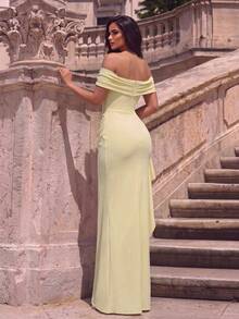 Elegant Cold Shoulder Ruched Mermaid High Slit Ruffle Train Fitted Evening Gown, Suitable For Photos, Beach Vacation, Formal Occasions - Yellow - View 2