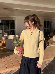 Women's Lazy Turn-Down Collar Cable Knit Loose Embroidered Vintage Sweater, Commuter Versatile Slimming Top - Yellow - View 5