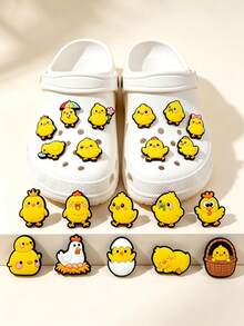 20pcs Cute Little Yellow Chick Series Shoe Charms, Yellow Beach Flat Sandals Decoration Accessories Outdoor Clogs Customizable Shoe Charms - Multicolor - View 1