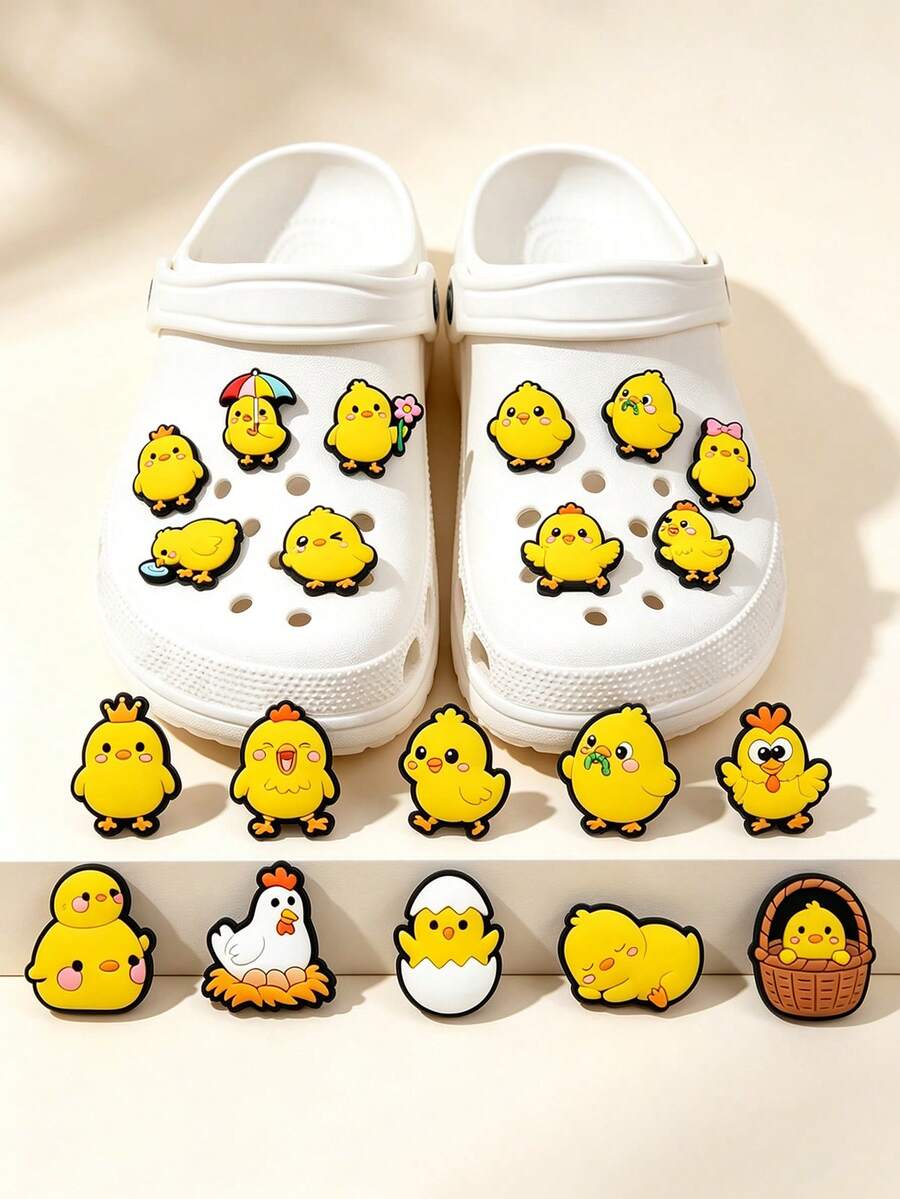 20pcs Cute Little Yellow Chick Series Shoe Charms, Yellow Beach Flat Sandals Decoration Accessories Outdoor Clogs Customizable Shoe Charms - Multicolor - View 1