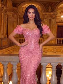 Elegant Cold Shoulder Ruched Sleeve Beaded Sequin Mermaid Fitted Long Dress For Photos, Beach Vacation, Resort, Evening Party & Formal Occasions - Pink - View 7