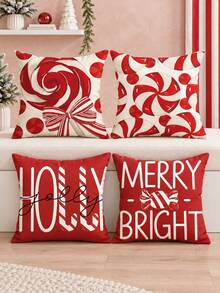 shangxia 4PCS--Red & White Candy Pattern Printed Pillow Covers, Candy Cane & Lollipop HOLLY JOLLY Text Printed Cushion Covers, Pillow Inserts Not Included - Multicolor - View 1