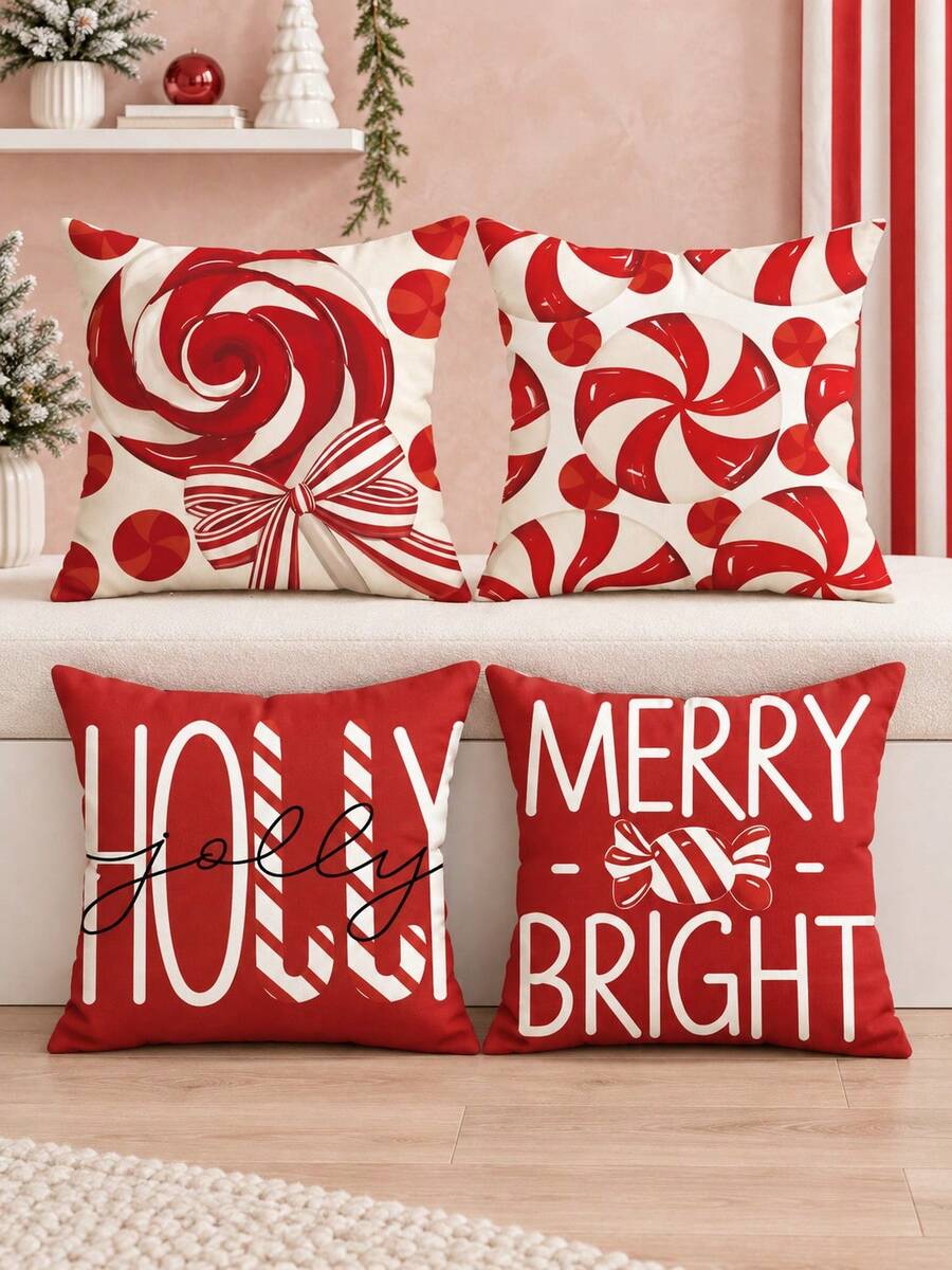 shangxia 4PCS--Red & White Candy Pattern Printed Pillow Covers, Candy Cane & Lollipop HOLLY JOLLY Text Printed Cushion Covers, Pillow Inserts Not Included - Multicolor - View 1