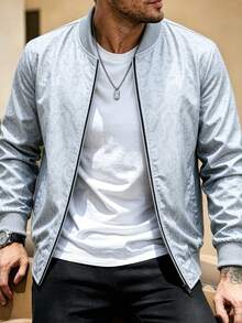 Men's Casual Flight Jacket, Embossed Phoenix Print Texture Chinese Style Baseball Collar Top, Suitable For Spring And Autumn Outdoor Windproof Wear - Light Grey - View 1