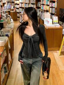 Atasan Kaos Lengan Panjang Kerah Persegi Warna Polos Musim Semi dengan Pita dan Tali Pengikat - Grey - View 9
