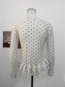 Atasan Kaos Wanita Lengan Panjang Ruffle Leher Bulat Motif Polkadot Musim Gugur Minimalis Manis Gaya Prancis - Light Grey - View 7