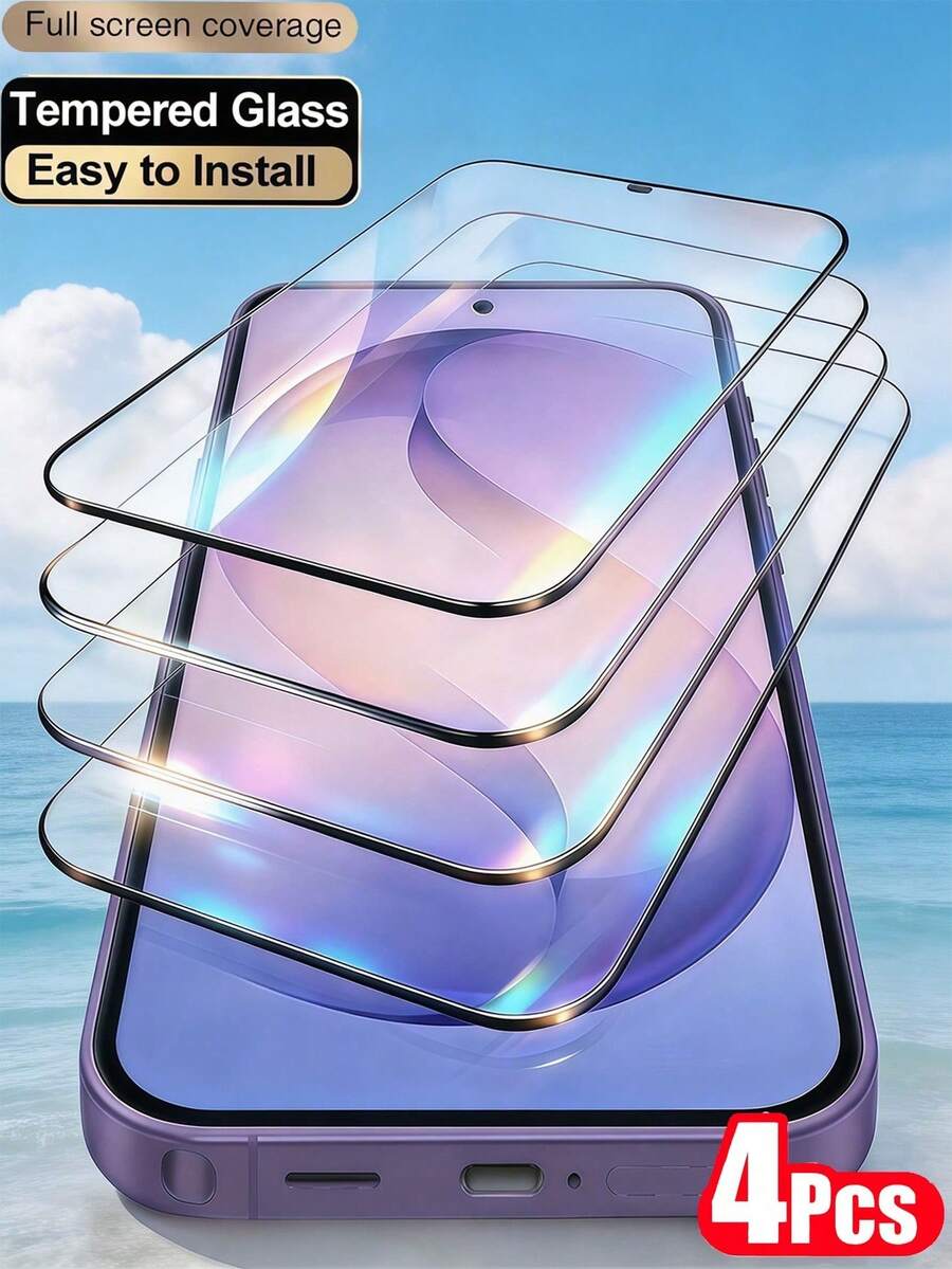 4PCS Black Edge Full Screen Coverage Tempered Glass Screen Protector HD Clear Anti Fingerprint Anti Explosion Easy Install Phone Screen Glass Film Compatible With Samsung Galaxy S26 A57/Compatible With Xiaomi 17T Poco M6 M7 X7 Pro Note 17 15C/Compatible With IPhone 18 17 Pro Max 16 15 14 13 12 11 Series - Black - View 1