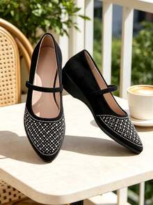 Elegant Women's Shoes-Rhinestone-Embellished Mary Jane Wedges; Suitable For Halloween, Christmas, And Everyday Wear. - Black - View 3
