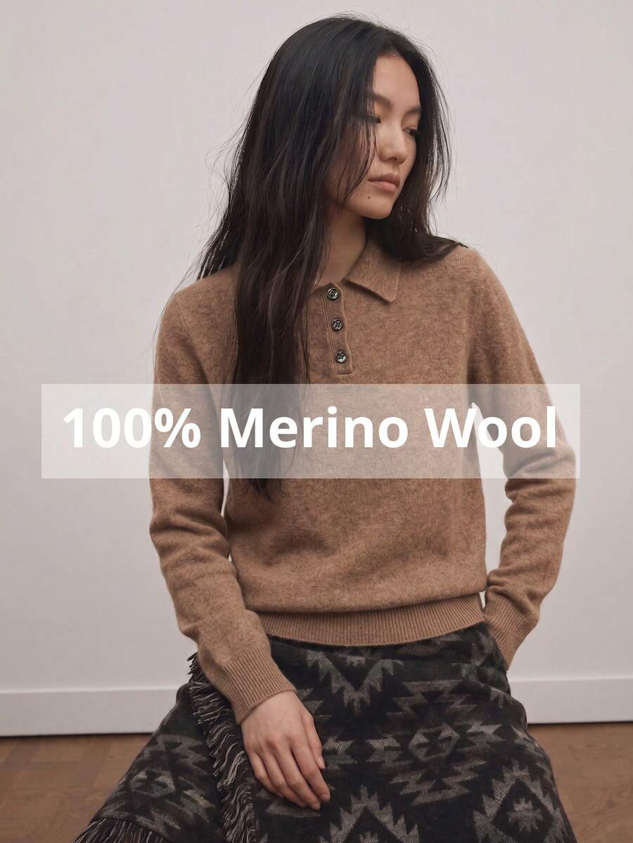 100% Merino Wool Sweater, Warm Knitted Polo Neck Top, Soft And Skin-Friendly, Brown, Autumn/Winter - Brown - View 1