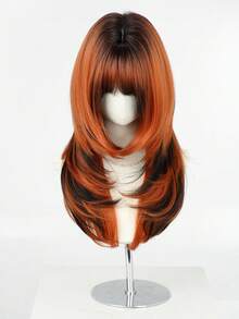 22Inch Orange Black Ombre Medium-Length Wig With Bangs For Women, Dark Roots Soft Heat-Resistant Full Machine Synthetic Straight Wigs For Party Cosplay Halloween Wear, Music Festivals Celebrations Use For Daily Party Use Or Treat Wear Beginners - Multicolor - View 4