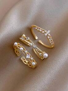 3pcs Copper Material French Luxury Fashion Elegant Exquisite Versatile European & American Faux Pearl Cross Geometric Open Adjustable Ring Set Suitable For Women's Daily, Holiday, Commute Wear - Gold - View 2