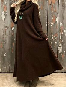 Plus Size Women Solid Color Warm Long Sleeve Ruched Neck Knit Dress, Loose Fit Flattering Everyday Home & Outdoor Versatile Style - Coffee - View 4