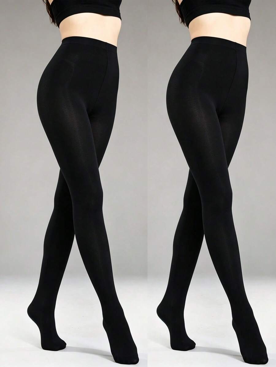 2pairs Women High Waist Semi-Opaque Black Tights, Stretchy Shaping Pantyhose, Slimming Leg Solid Color Hosiery For Daily Wear - Black - View 1
