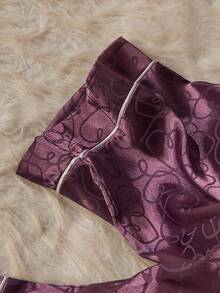 Set Piyama Celana Panjang Lengan Panjang Kancing Depan dengan Saku Tempel Satin Jacquard Hati Musim Gugur/Dingin untuk Wanita - Purple - View 6
