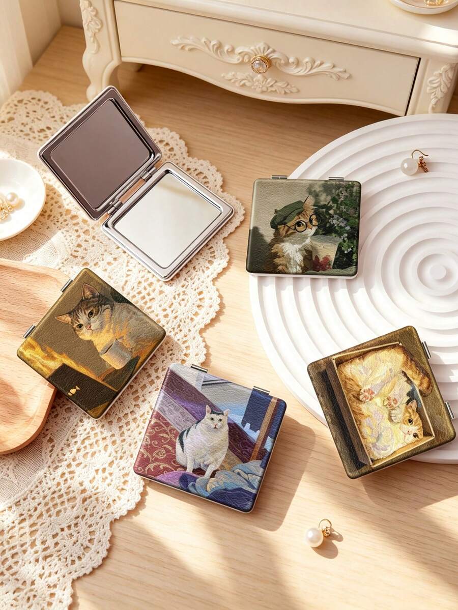 1PC Oil Painting Cat Pet Series Portable Vanity Mirror, Foldable Lightweight Ultra-Thin Convenient Hand Mirror, Durable PU Leather, Suitable For Multiple Scenarios And All People, Foldable Small Square Mirror, Pocket Mirror, Cute Ins Cat Pattern Design, Exquisite Delicate Foldable Structure, Durable Reliable Drop-Resistant, Easy To Carry, Handheld Makeup Mirror, 180° Flip Cover, Multi-Functional Mini Mirror, Compact Mirror, Mirrors, Daily, Holiday - Multicolor - View 1